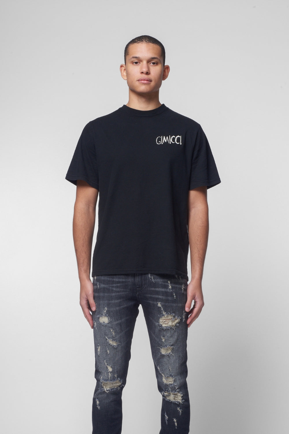 Regular Fit T Shirt in Nero, Chain Stitch Logo