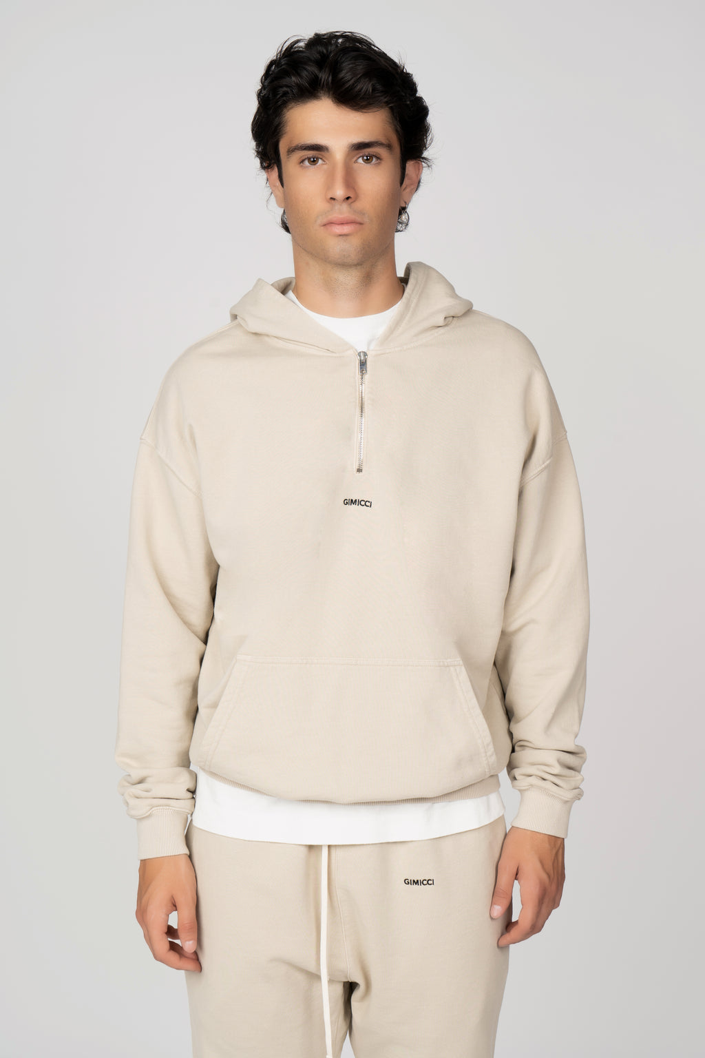 Hooded Quarter Zip Sweatshirt in Panna